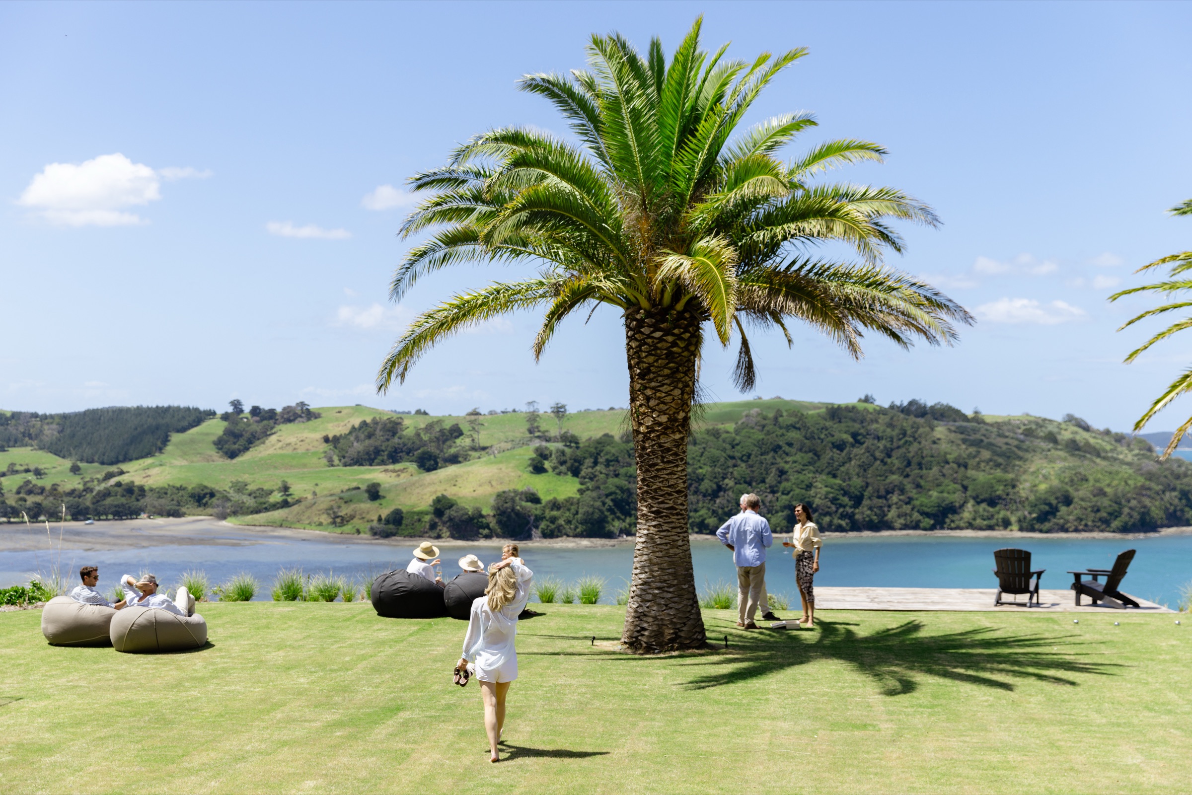The lawn at the Farmhouse, Bluestone Ridge, on a summer afternoon: guests on beanbags and standing with a glass under the big palm, the deck with its Adirondack chairs at the edge, and the water and green hills of the coast beyond.