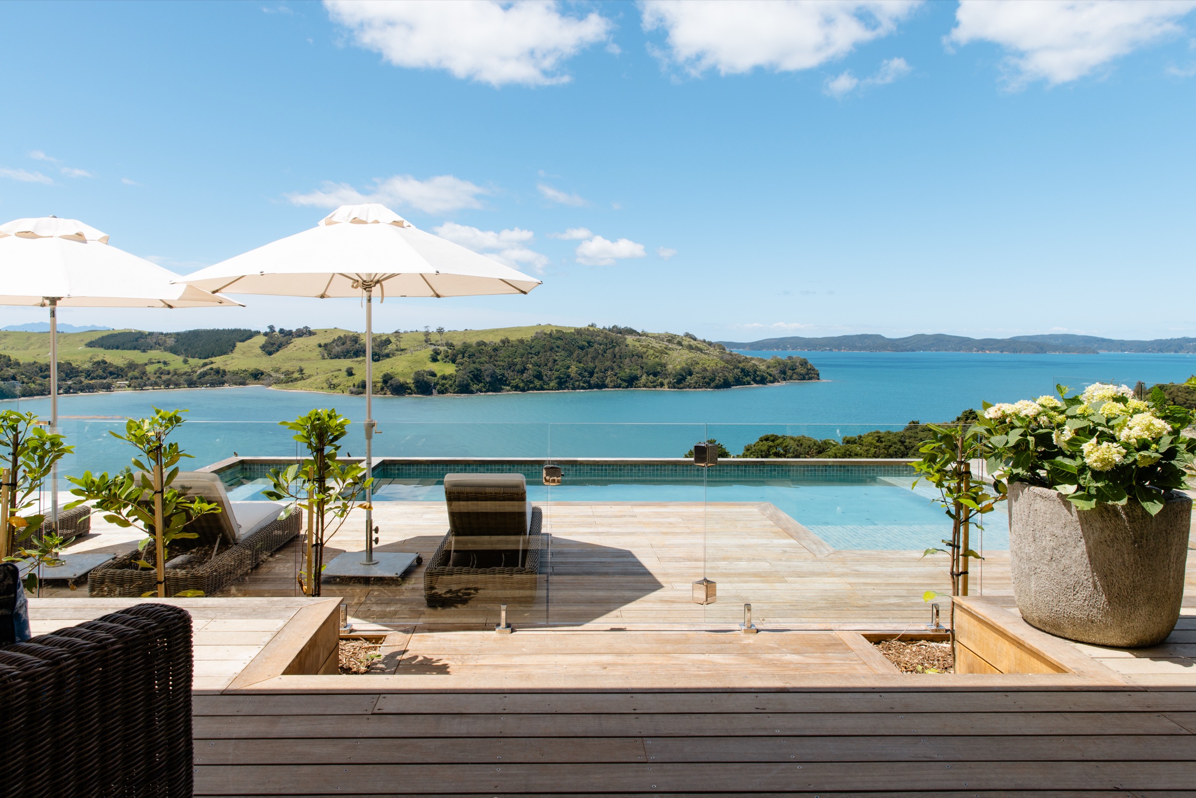 The Farmhouse pool deck at Bluestone Ridge on a clear day: white umbrellas, loungers, hydrangeas in a stone pot, and the infinity pool edge against the Hauraki Gulf and Kawau Island.